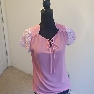 Sheer Pink Blouse with Lace Sleeves